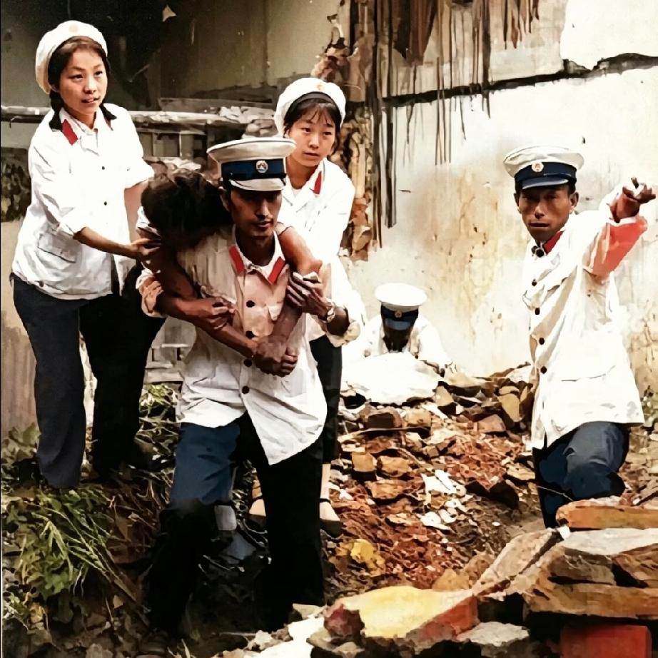 1976年，唐山大地震震后清晨，拍摄地点是天津南开区西营门外居民区废墟，记录当地
