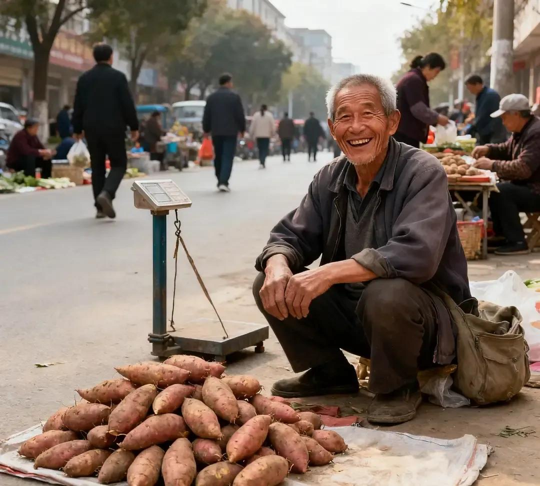 大爷扫红薯码扫半天手机卡死，我隔着菜摊都替他冒汗。
十九块的红薯，网络一抽风成了