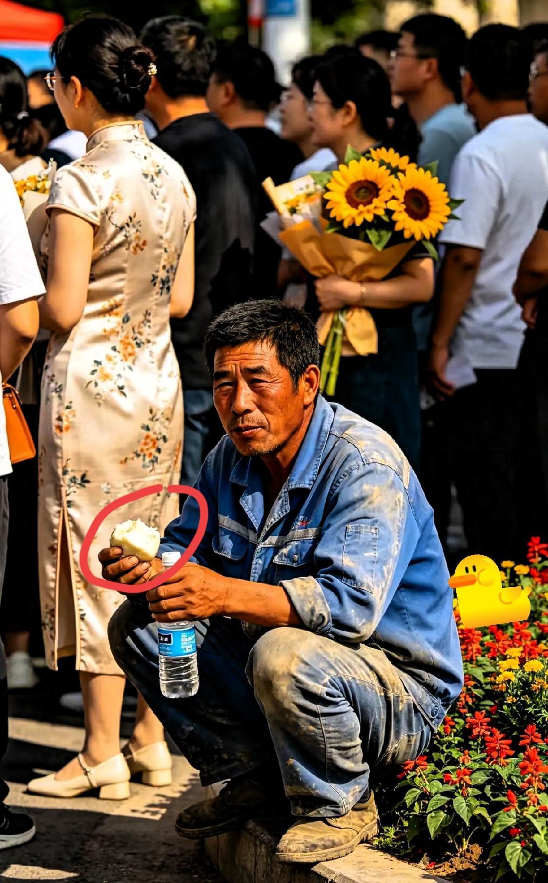 高考第一场，我在考场外看到一位父亲蹲在路边吃馒头，走近一看，我愣住了。
 
他穿