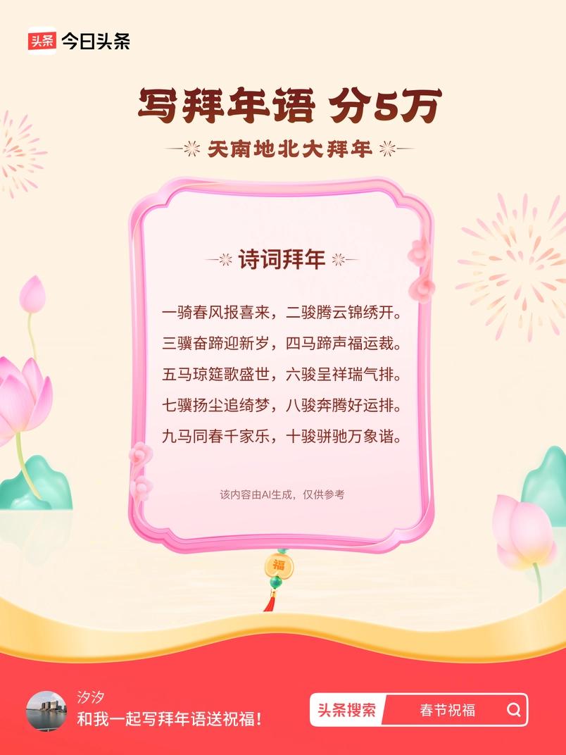 写拜年语送祝福新春拜年送祝福！我的祝福是：“一骑春风报喜来，二骏腾云锦绣开。三骥