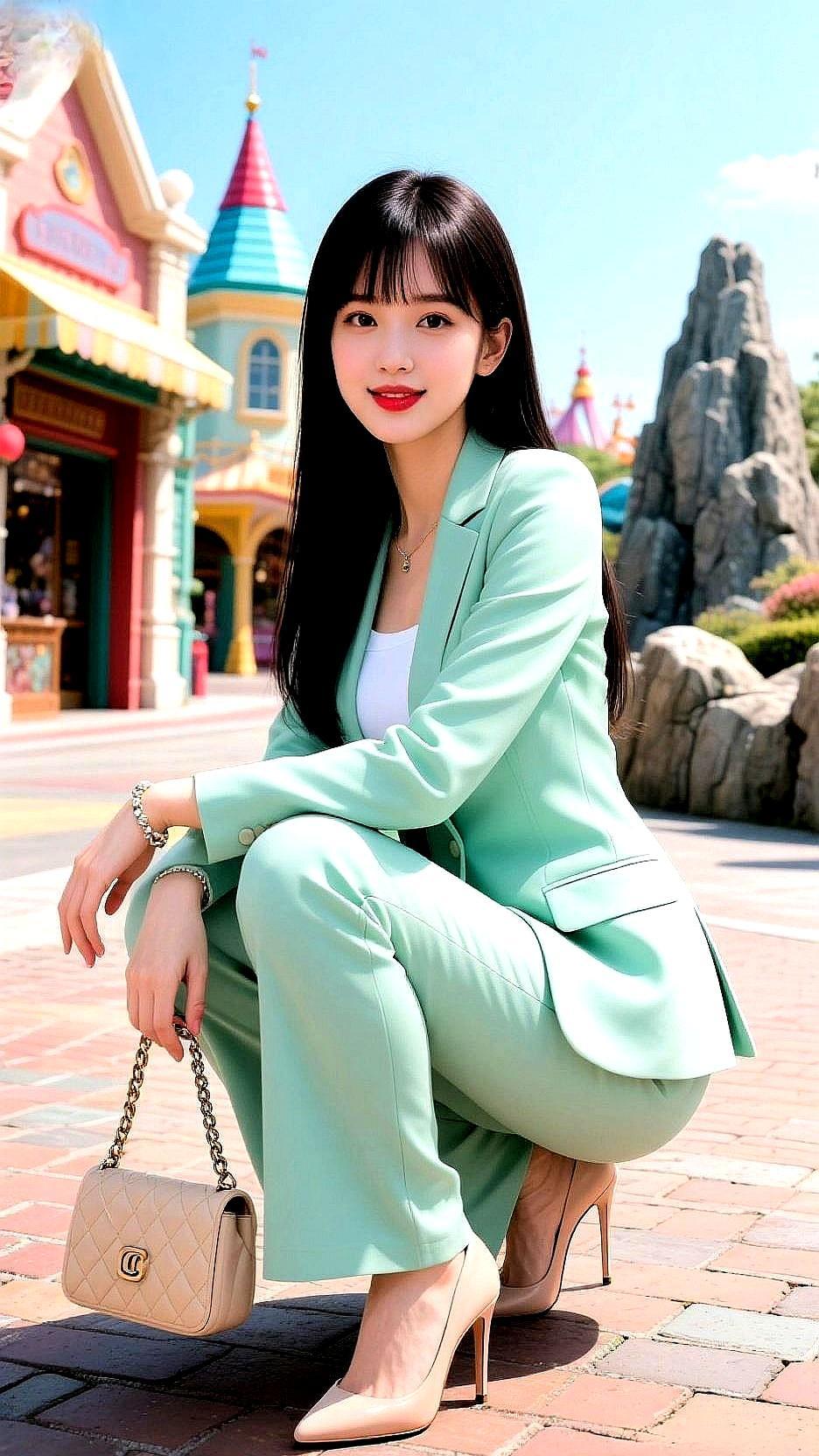 灰色套装+裸色高跟，说白了就是把“省事”穿成“有钱”。
 
裤子选直筒羊毛，一垂