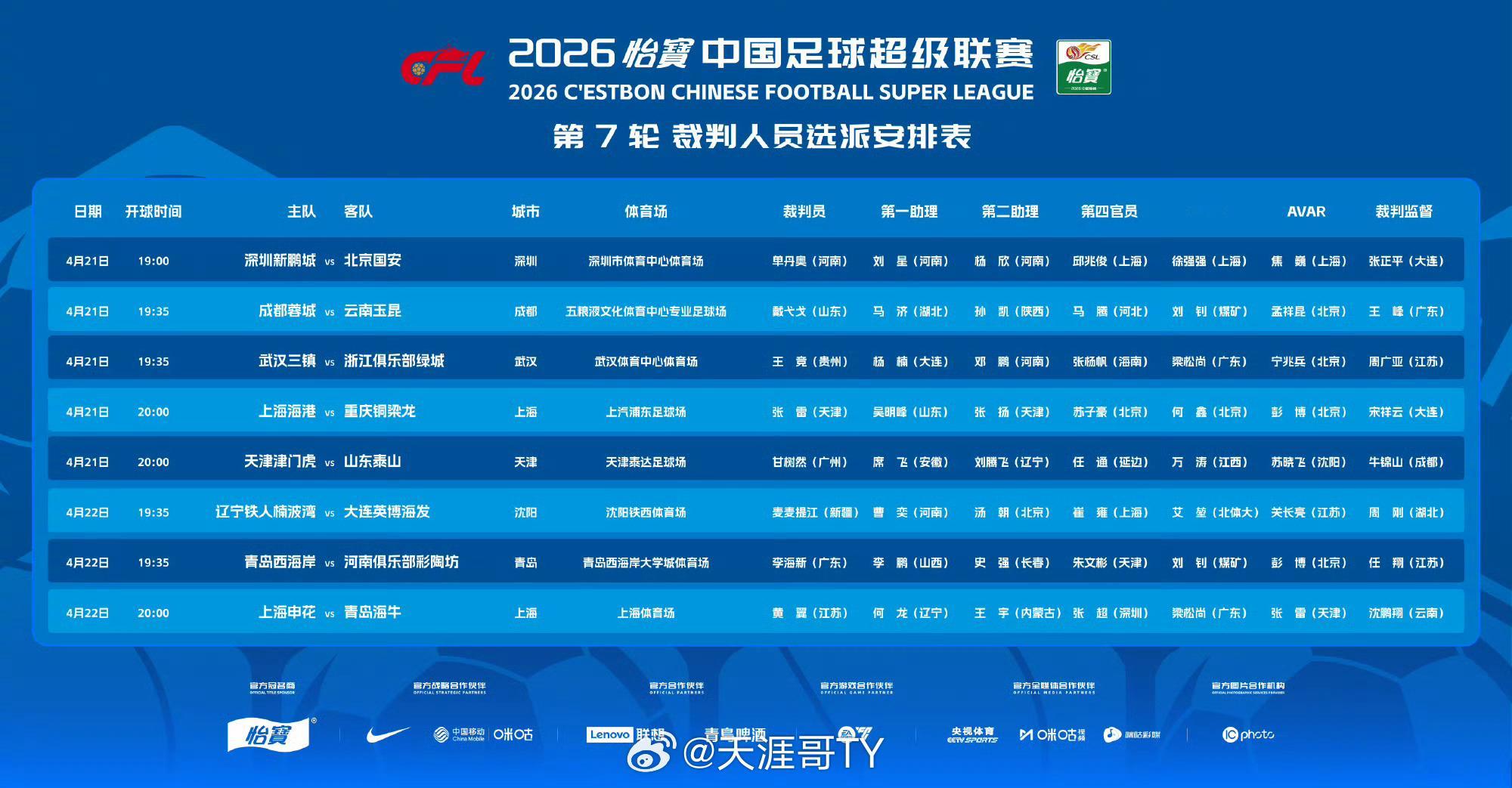 山东泰山 ｜天津津门虎vs山东泰山 中超联赛第七轮比赛时间:2026.4.21日