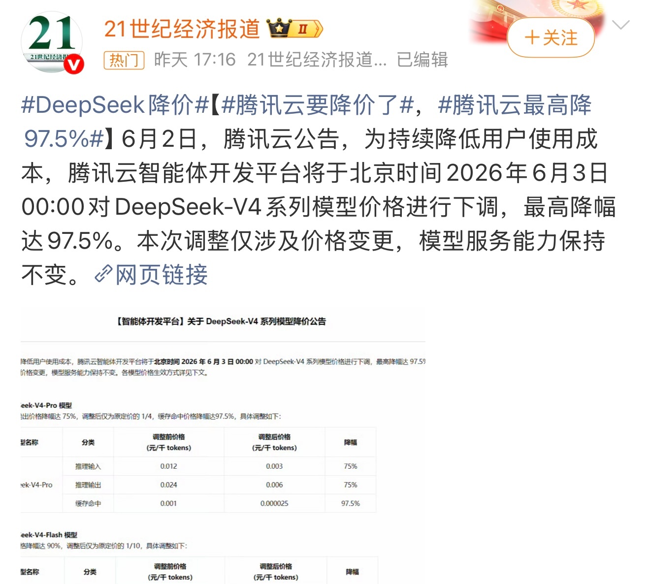 腾讯云DeepSeek最高降价97.5%腾讯云：为持续降低用户使用成本，将对De