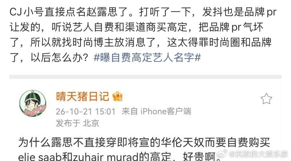 曝自费高定艺人把品牌pr气坏了他如果说的是赵露思，那赵露思的这套高定他之前不是说