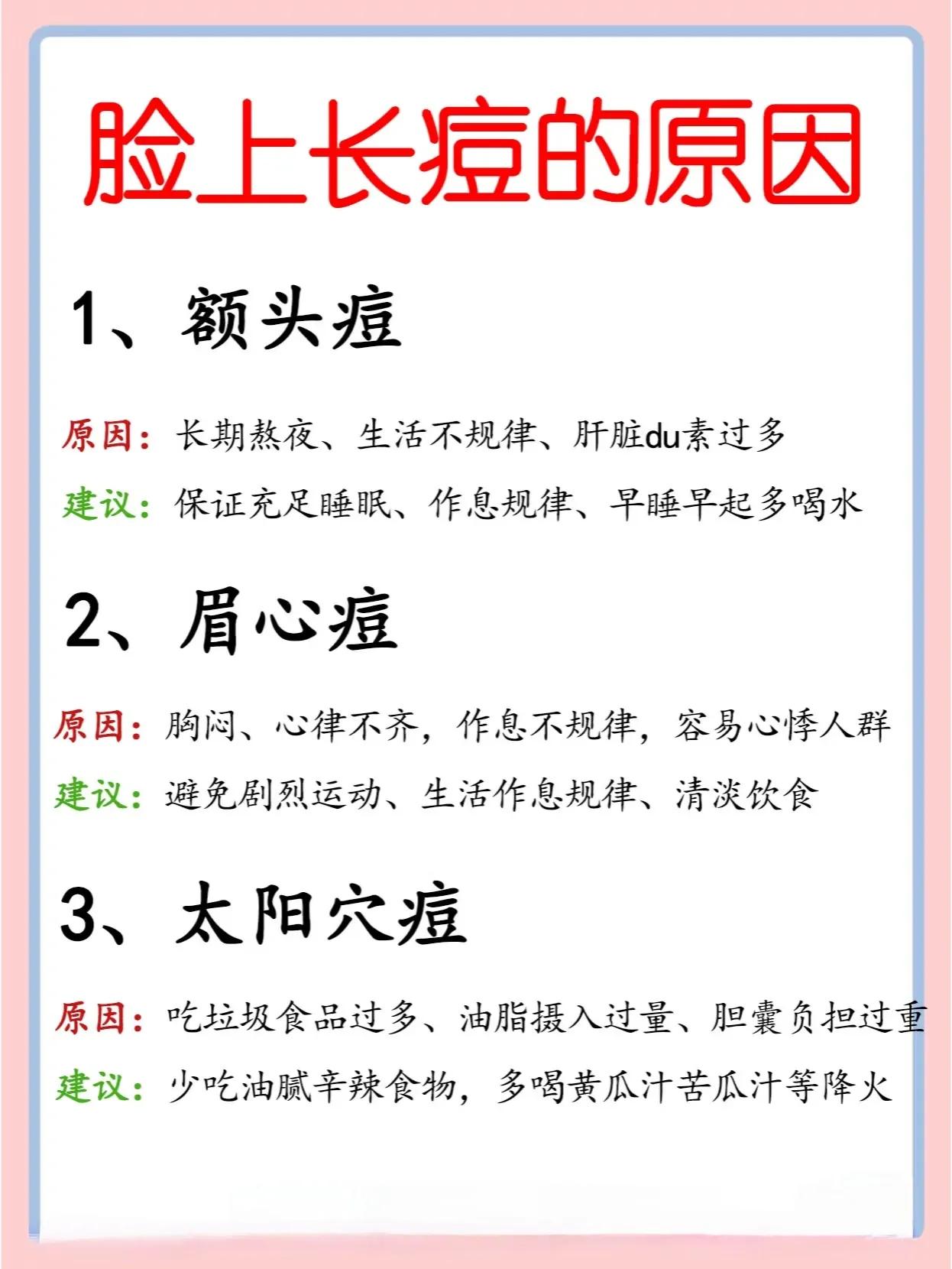 涨见识：原来痘痘长在不同位置暗示这些问题！痘痘类型知多少 脸上为啥长痘 避免闷痘