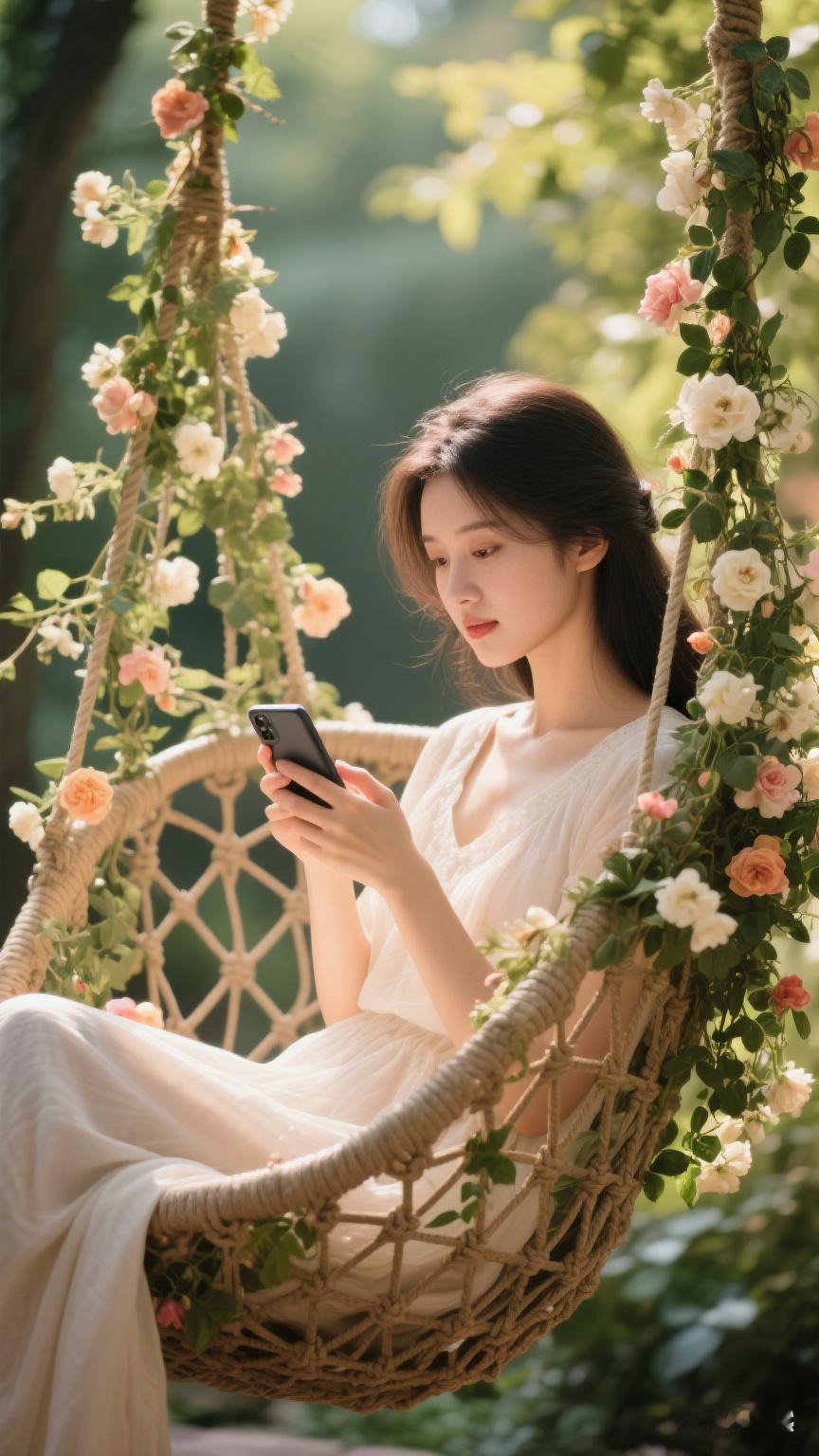 小姐姐优雅坐爬藤花吊椅专注看手机，自然光线柔和洒落，暖意惬意，爬藤花细节清晰，超