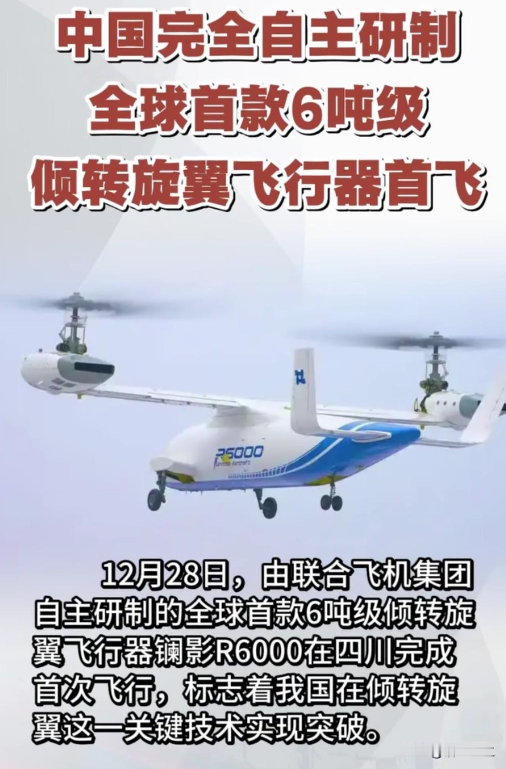 2025 年底，我国6 吨级倾转旋翼无人飞行器镧影 R6000成功首飞，这架白色