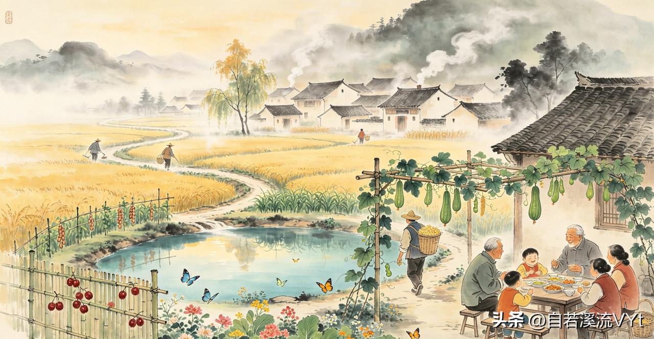 行香子·农家
 
秋浪堆黄，枣落疏墙，炊烟袅袅绕村塘。
藤缠瓜架，蝶绕蔬秧，看陇