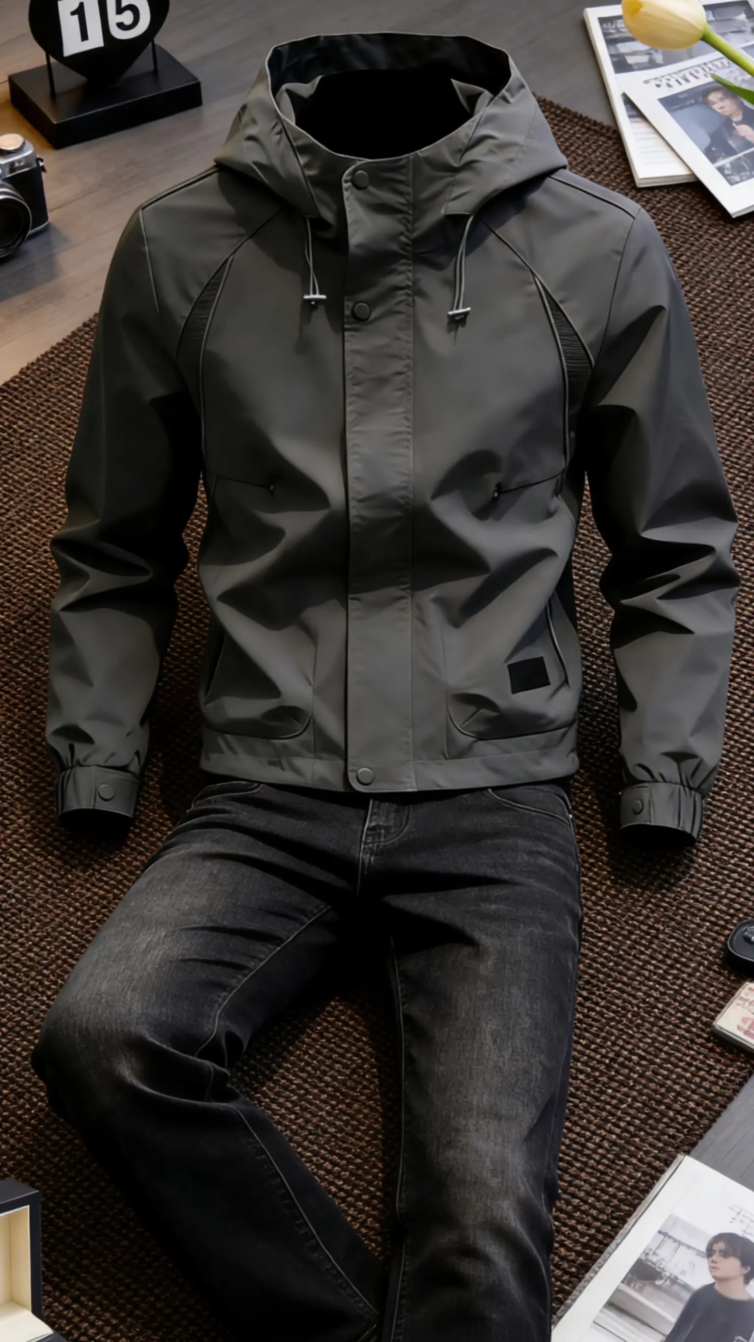 春季款2026新款美式休闲工装外套男士潮牌连帽夹克青年痞帅冲锋衣