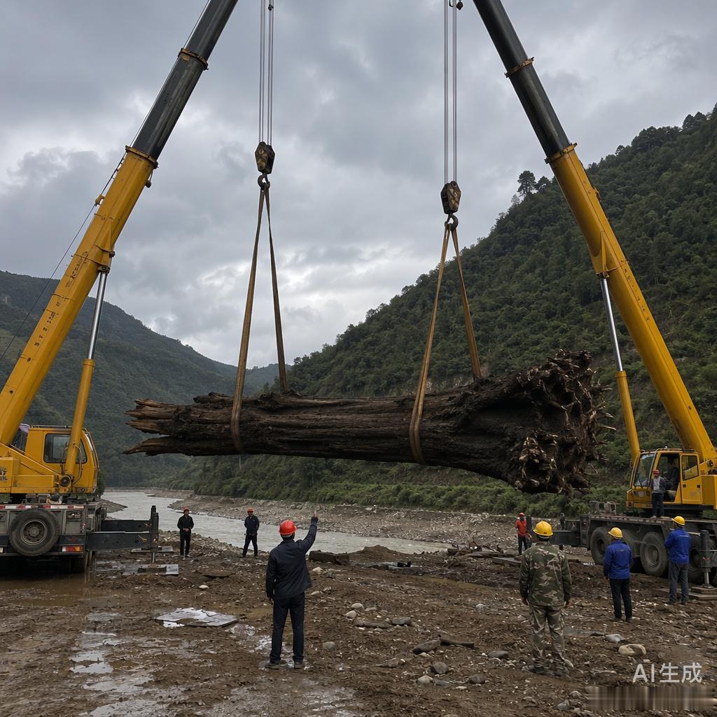 暴雨冲出来的“巨木”最近太火了，15米长、1.3米粗，两台吊车才拉得动，这阵仗确