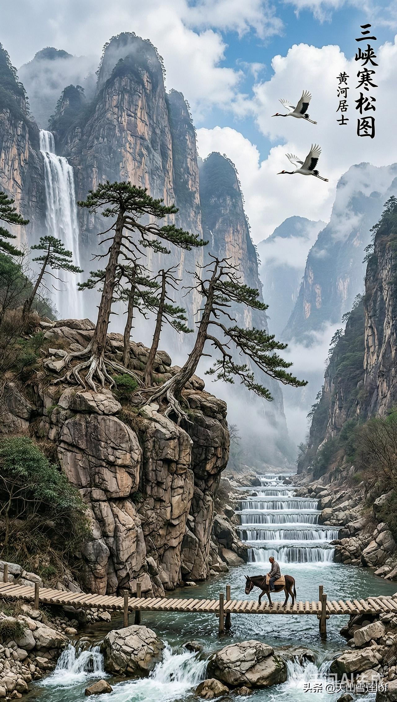 “三峡寒松图”，黄河河居士，山水画卷，仙境人间。