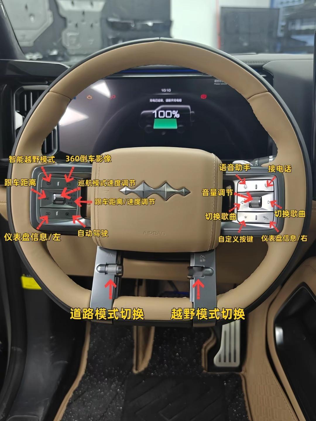 豹8的实体按键布局很清晰，方向盘左边按键管辅助驾驶，调节车速、跟车距离；右边控制