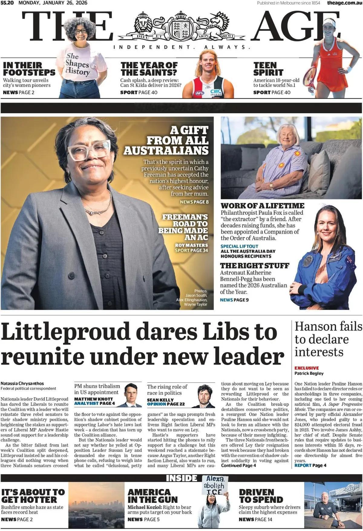 澳大利亚《时代报》头版报道称，每年的‌1月26日‌，这是澳大利亚的国庆日，用于纪