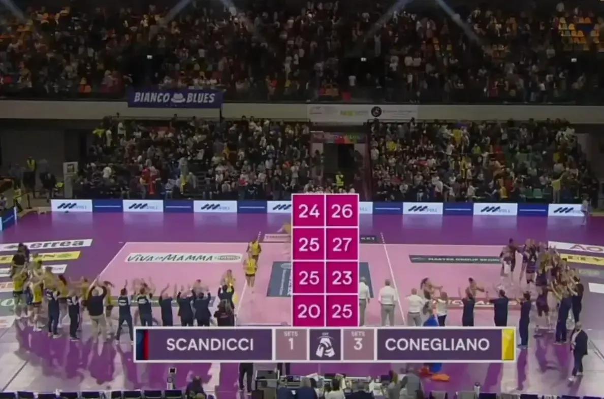 斯坎迪奇主场不敌科内利亚诺1:3落败（24:26/25:27/25:23/20: