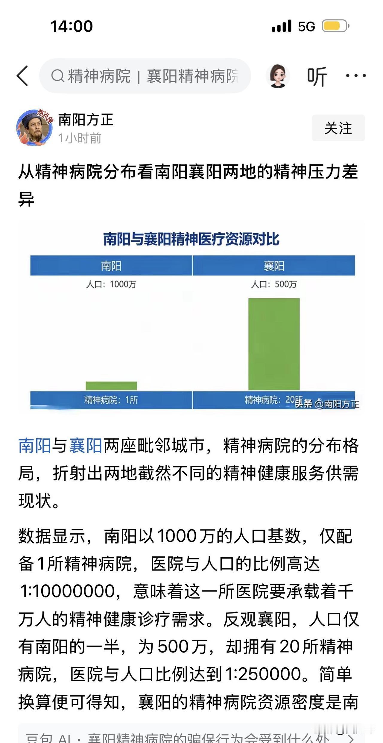 太损了，这个南阳网友说，南阳人口1000万，只有1家精神病医院，襄阳人口500万