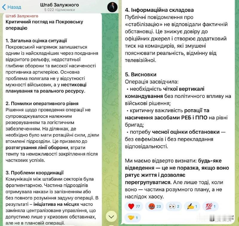 【撤退并非失败：扎卢日内批评乌军波克罗夫斯克防御行动】
 
▪️ 这位前乌军总司