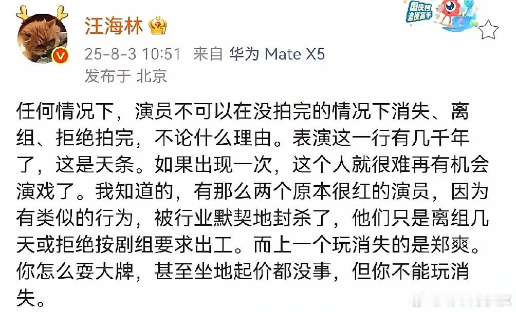 赵露思说我不会再去音乐节了编剧汪海林说，演员可以在剧组耍大牌，也可以坐地起价，但
