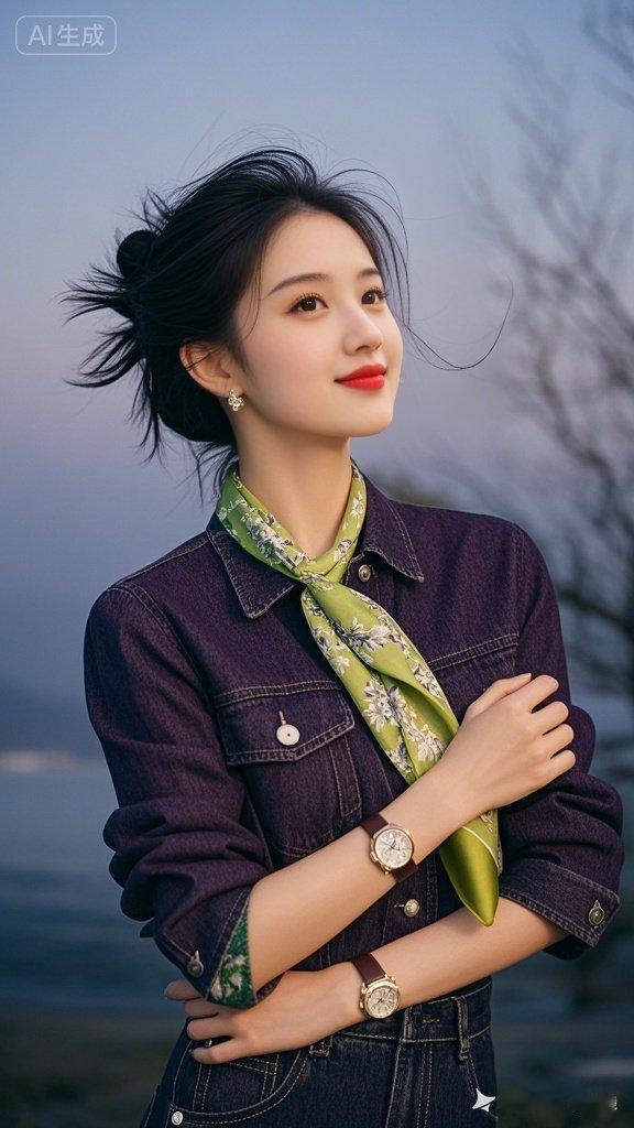 绝色女子侧身而立，挽发飘逸，精致淡妆浅笑温婉，紫黑牛仔外套配暗碎花黄绿丝巾，抬手
