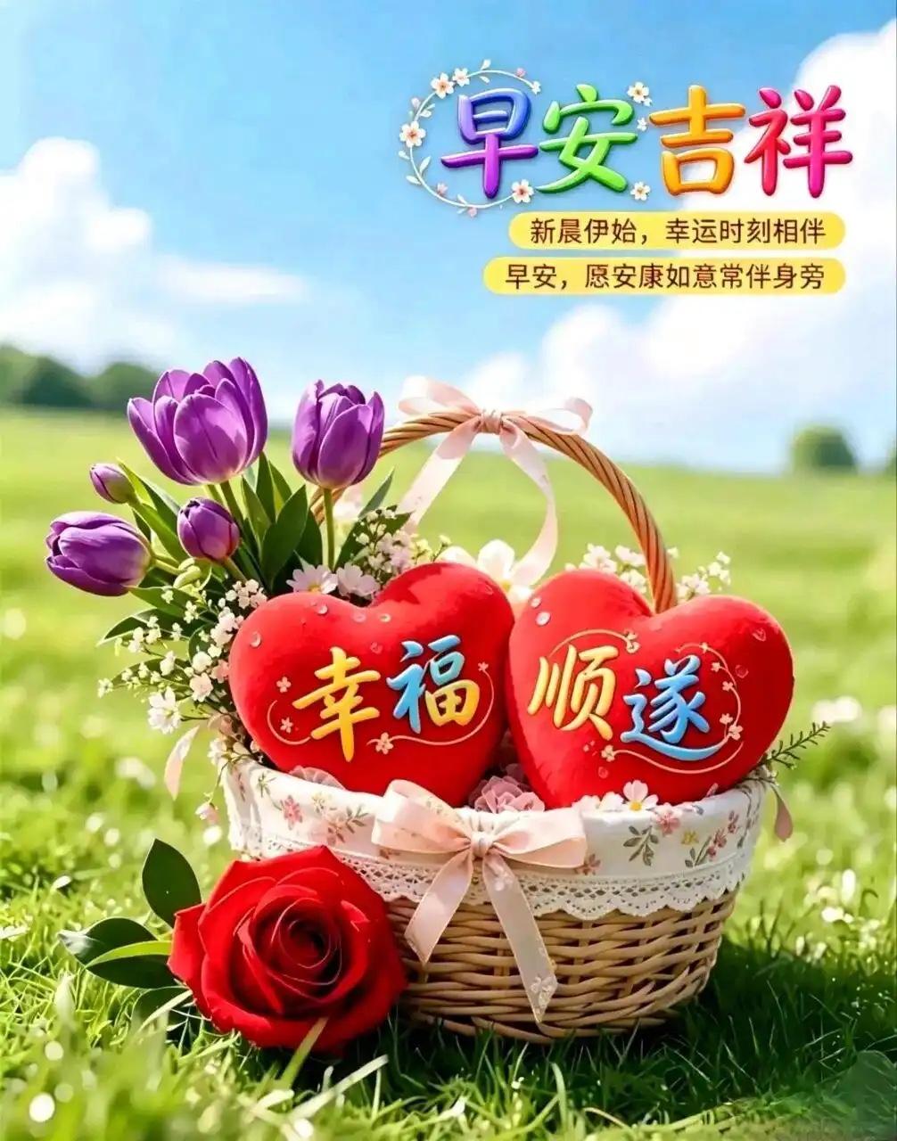 清晨迎来新晨光，
清露莹莹映轩窗。

飞鸟轻啼添喜气，
繁花绽放送安康。

亲朋