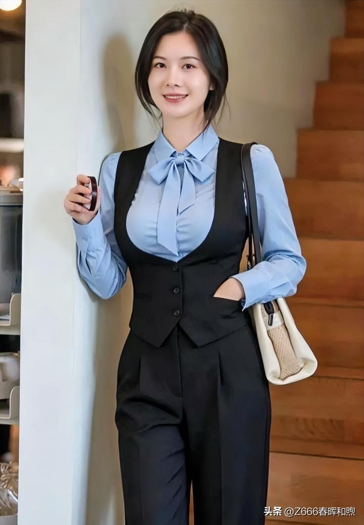 浅蓝蝴蝶结衬衫邂逅黑色修身马甲，知性与温婉在光影中悄然绽放。倚柱浅笑，步履从容，