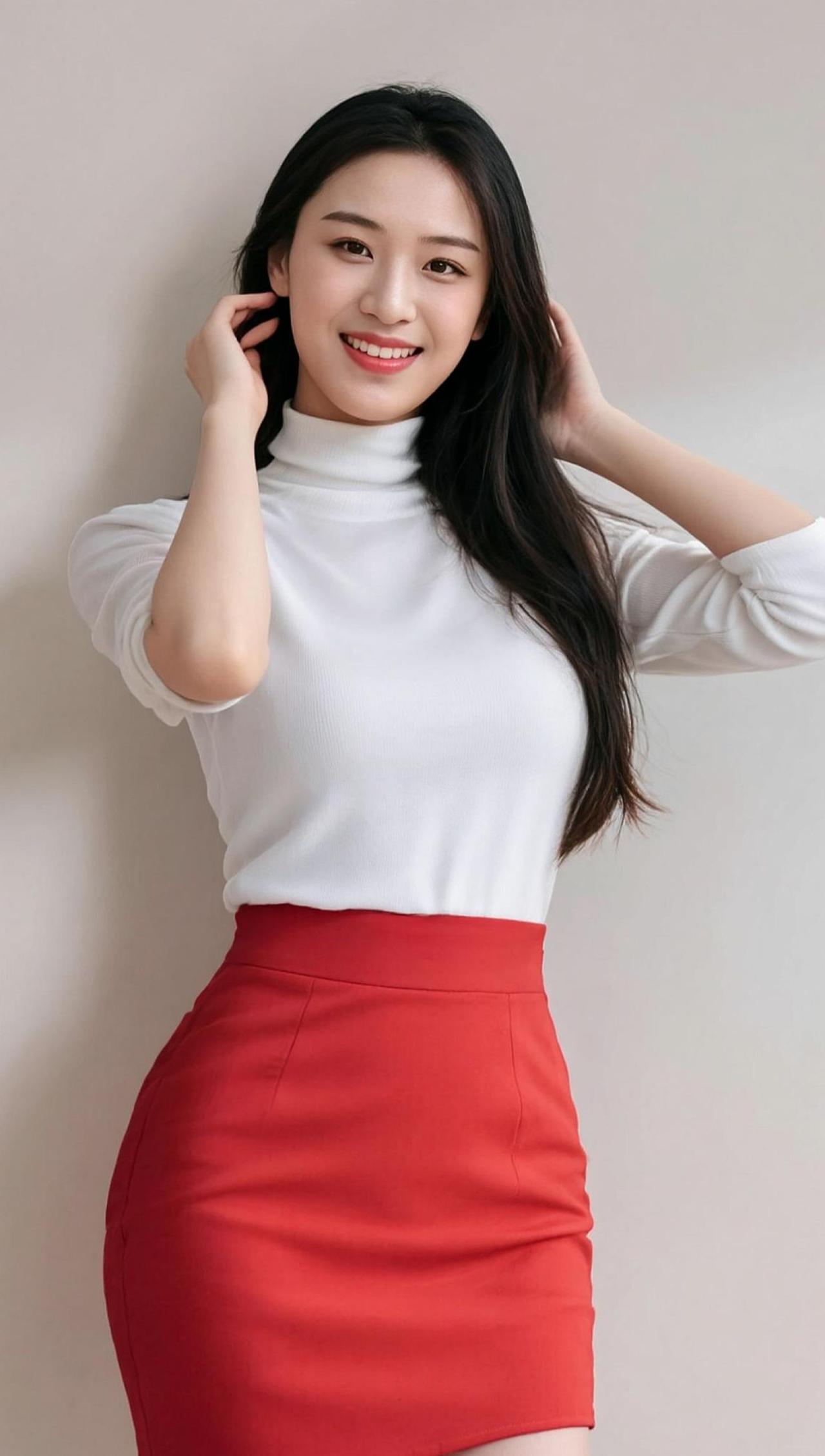 在红色与白色的碰撞中，优雅与热情交织。高领毛衣的简约遇上红裙的张扬，仿佛是秋日暖