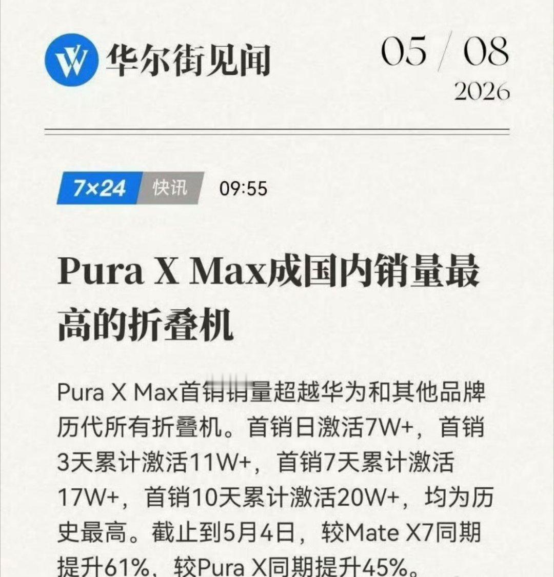 华为Pura X Max折叠屏手机在4月25日开售后，仅10天激活量就突破20万