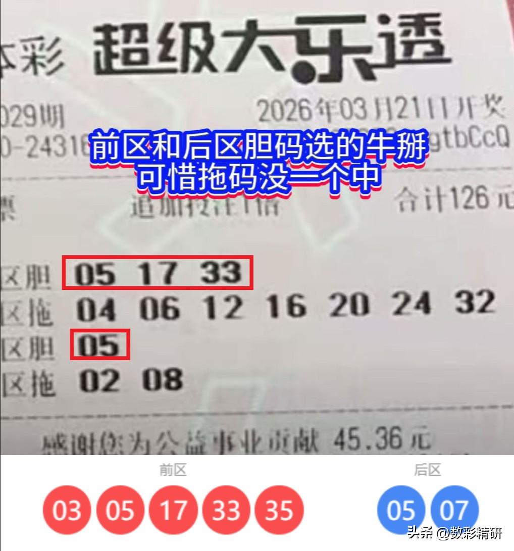 大乐透第26029期开奖号码揭晓：03、05、17、33、35 + 05、07。