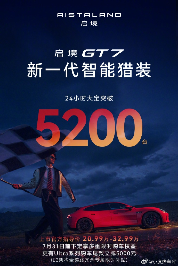 【20.99 万-32.99 万元，启境 GT7 上市 24 小时大定突破 52