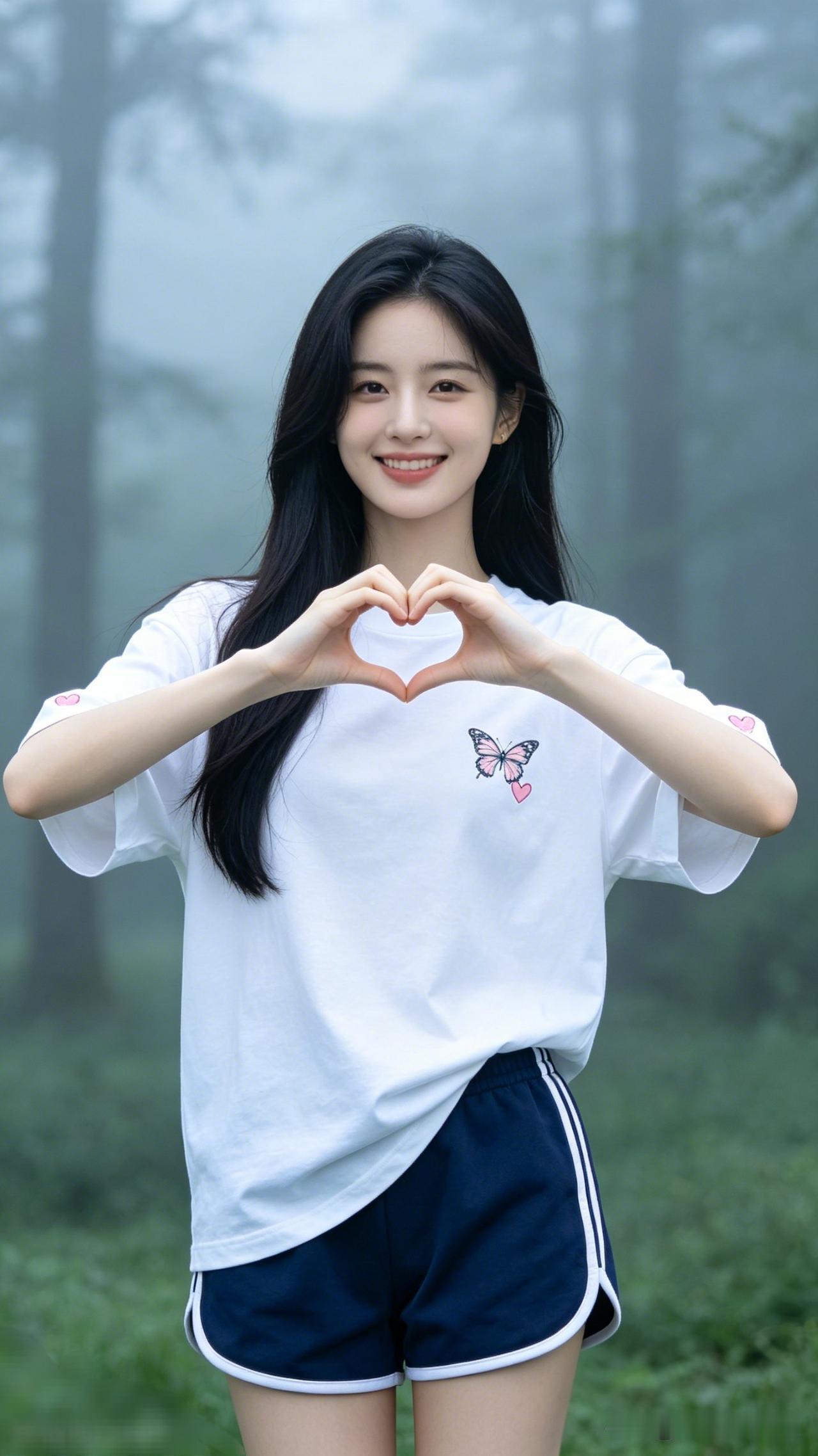 元气少女在森林中比心，甜美笑容😊