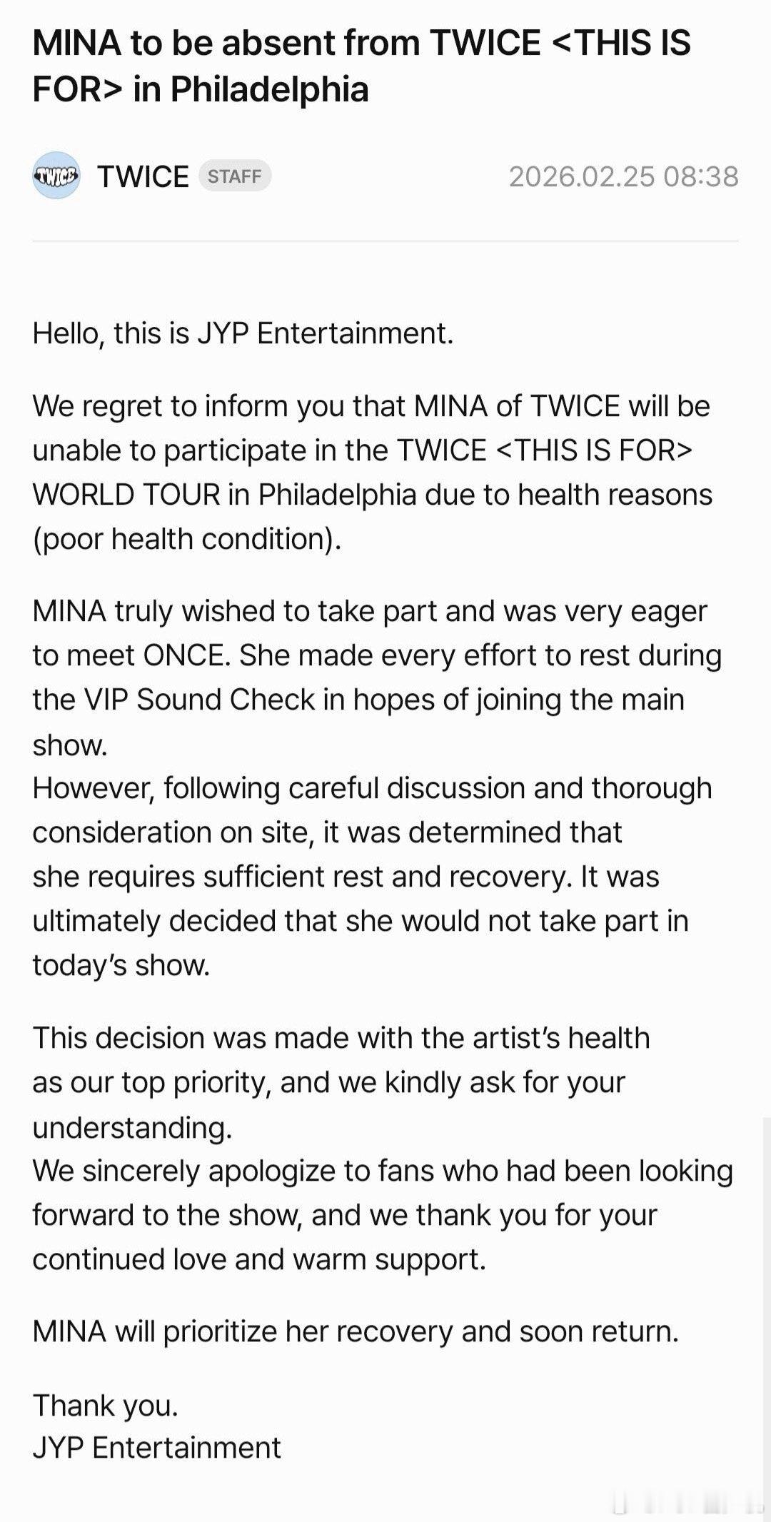 名井南因健康问题缺席费城演唱会 