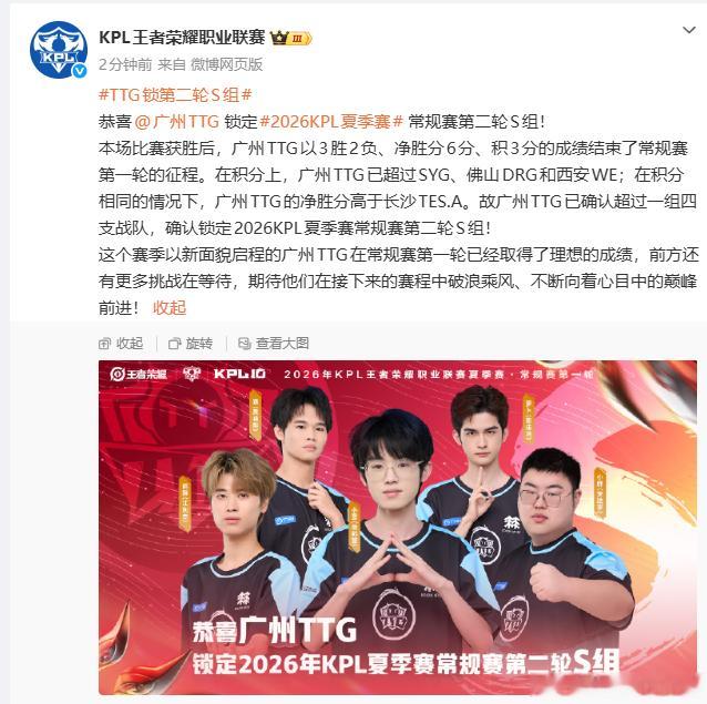 TTG锁第二轮S组首轮赛程收官，TTG力压多支战队，稳稳锁定第二轮S组，为后续的