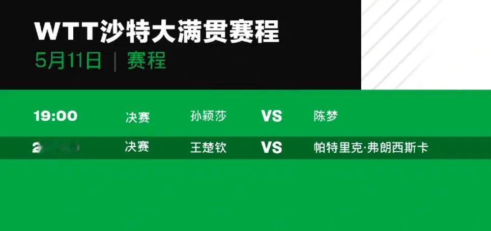 5月11日赛程！最后两场比赛！
#WTT沙特大满贯赛# 到了最后一个比赛日，今日