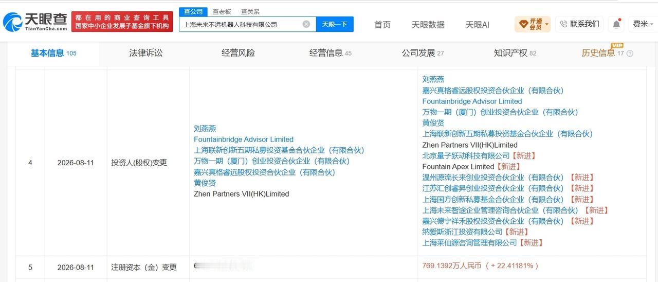【抖音等入股未来不远机器人】
天眼查工商信息显示，近日，上海未来不远机器人科技有