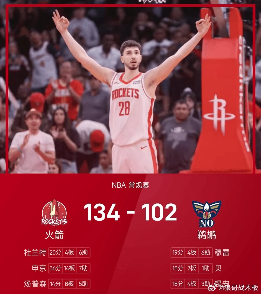 NBA战报：申京36分14板7助，火箭134-102狂胜鹈鹕03月30日 25/