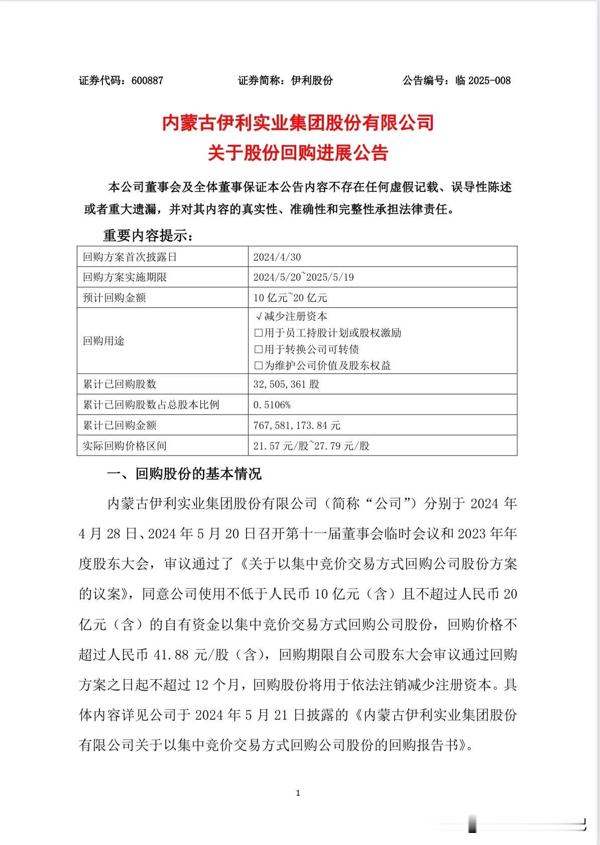 今天伊利直接花了1000万回购自家股票！

2024年按最低额度算还有2.3亿的