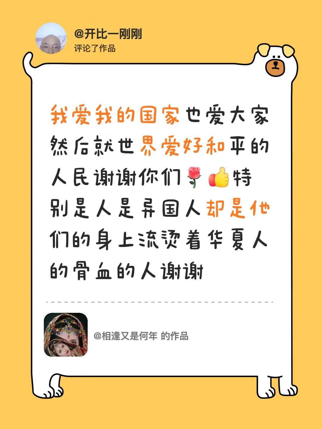 我评论了@相逢又是何年 的作品：我爱我的国家也爱大家然后就世界爱好和平的人民谢谢