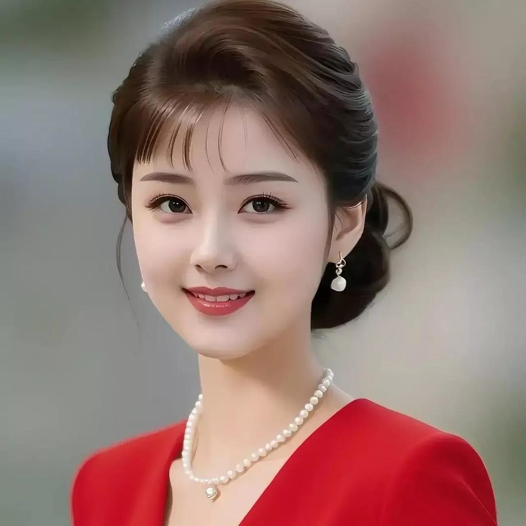 温柔优雅的笑容，珍珠项链点缀，红衣美少女。红衣微笑少女 红衣少女自拍 红礼服气质