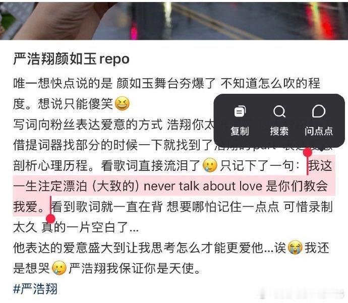 严浩翔是你们教会我爱严浩翔写给粉丝的歌词 看到repo里那句“我这一生注定漂泊，