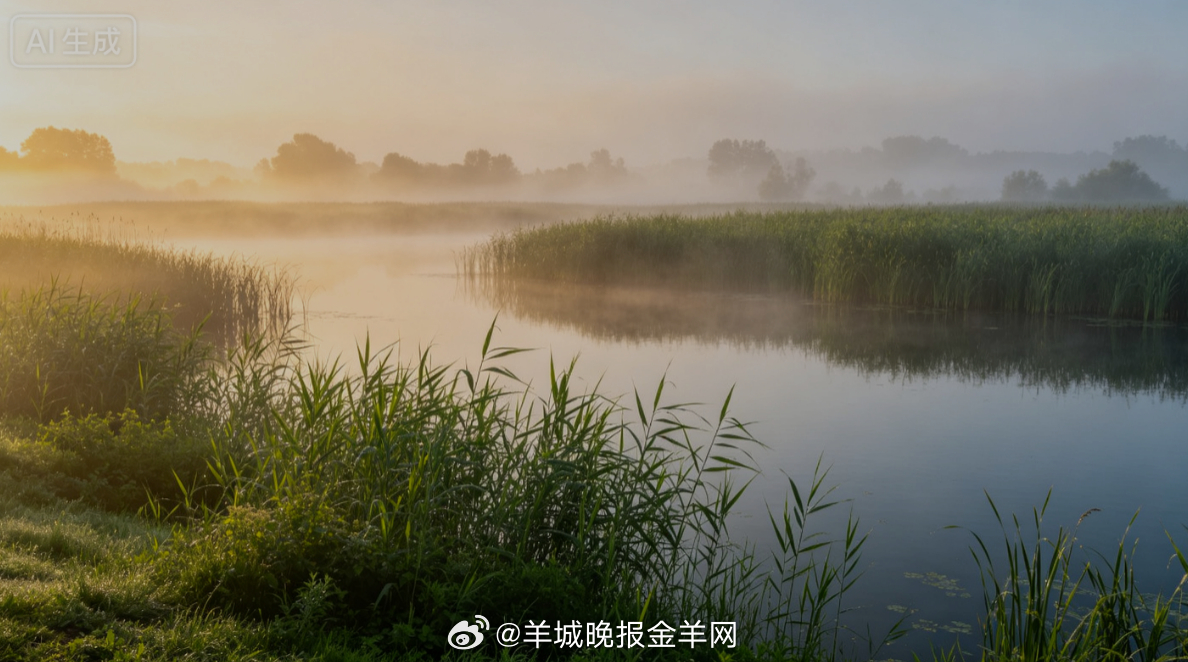 #早安# 盛夏清晨薄雾轻笼湖面，成片青芦苇随微风轻轻摇曳，初升朝阳晕开柔和暖光。