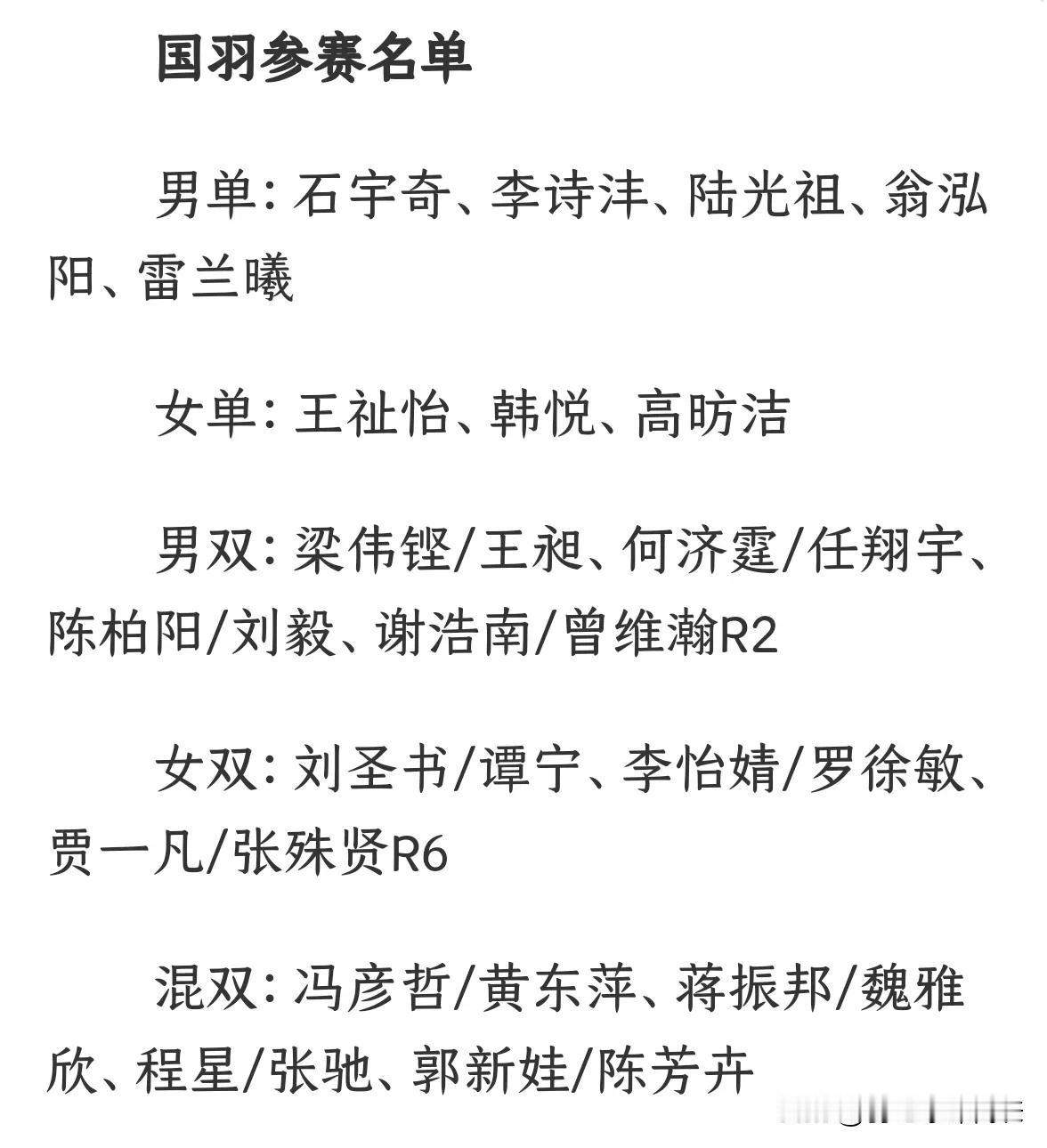 2025年首战超级1000赛
石宇奇，李诗沣出战
贾一凡，张殊贤替补第6位