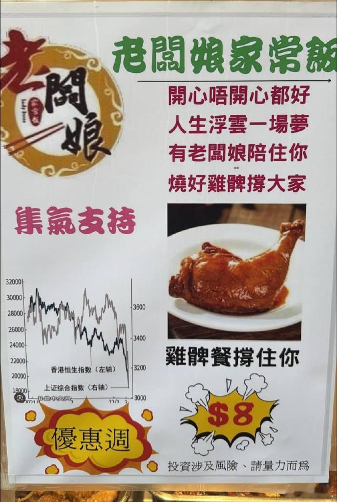 还是好人多啊，香港一家快餐店推出仅8元港币的鸡腿饭“股灾”套餐，以支持在股市中受