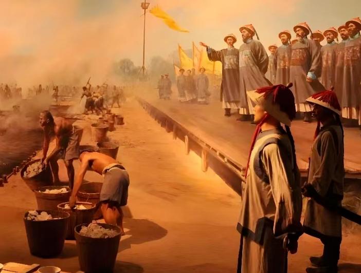 1839年，林则徐在虎门浅滩，将237万斤鸦片当众销毁。他没有用火烧的方法，而是