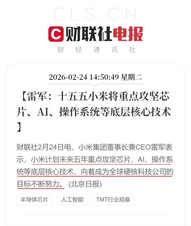 雷总很罕见的立flag，十五五小米将重点攻坚芯片、Ai、操作系统等底层核心技术。