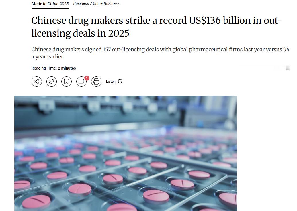 中国医药行业新研药转让金在2025年达到了创纪录的1360亿美金, 差一点就一万