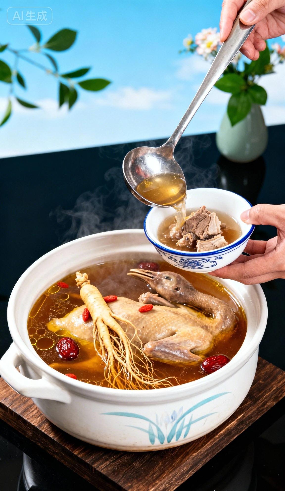 鸽子汤配天麻。鸽子补气血，天麻平肝熄风。头晕眼花、偏头痛的人，喝这个最舒服。炖的