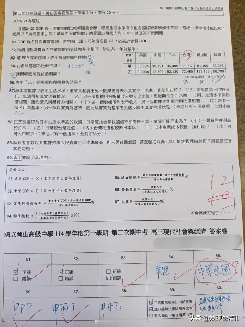 原来台湾地区中学教育，中国和台湾地区是并列的。台湾地区学生写成了“中华民国”，结