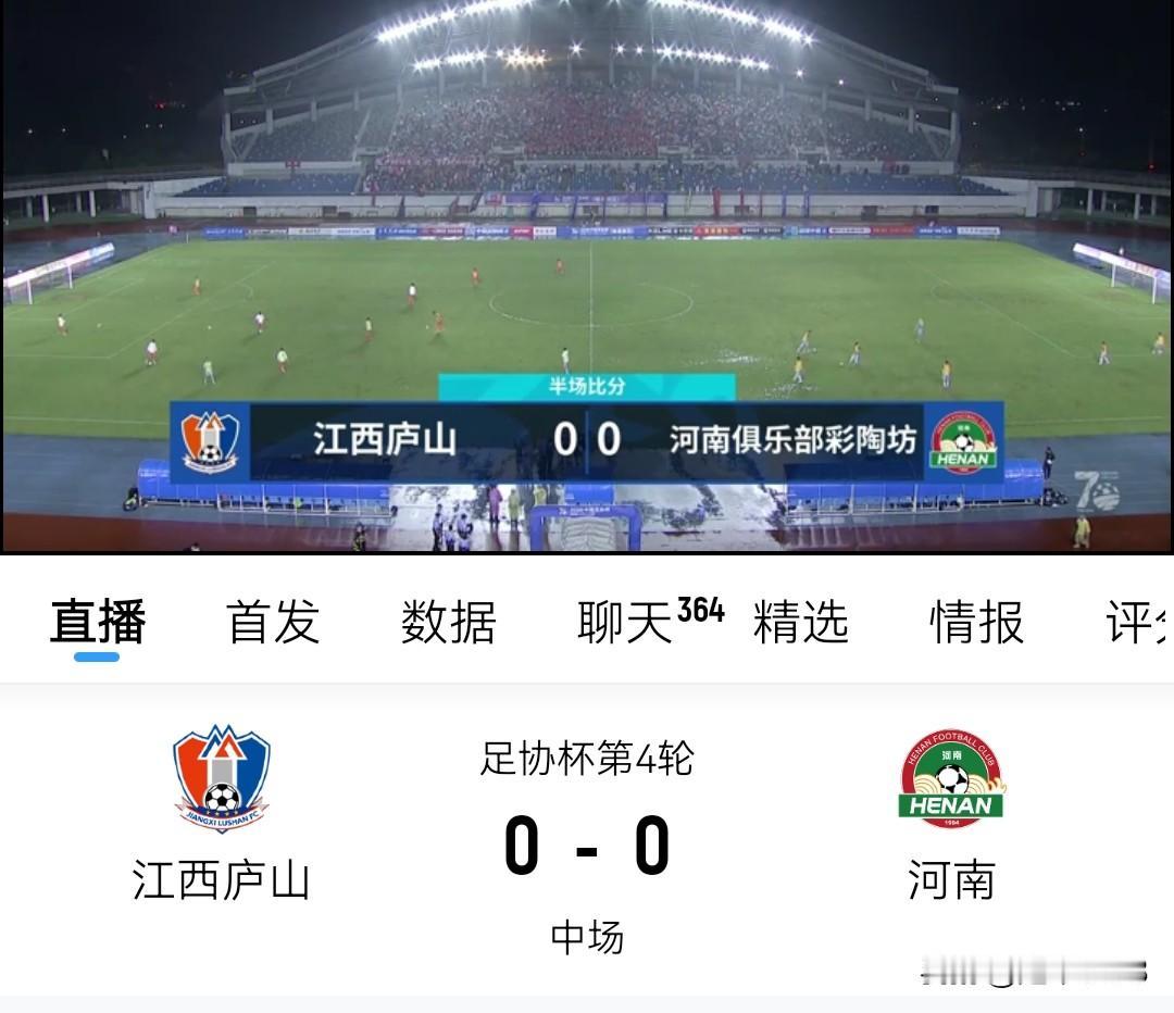 足协杯第4轮上半场，江西庐山0-0河南。
19日晚，中国足协杯第4轮，江西庐山主