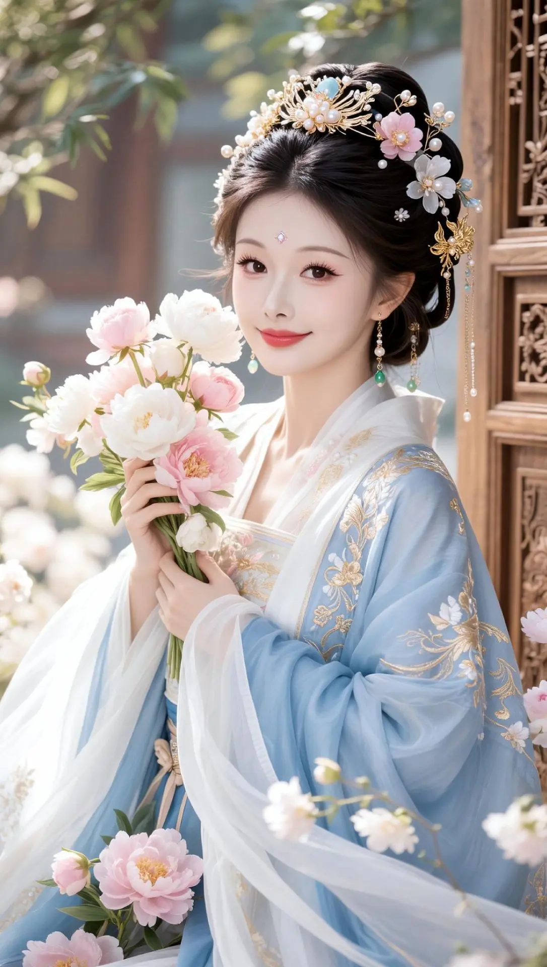 AI蓝衫持花照 ai创作 花神之桃花花神 古风写真 原创古风计划