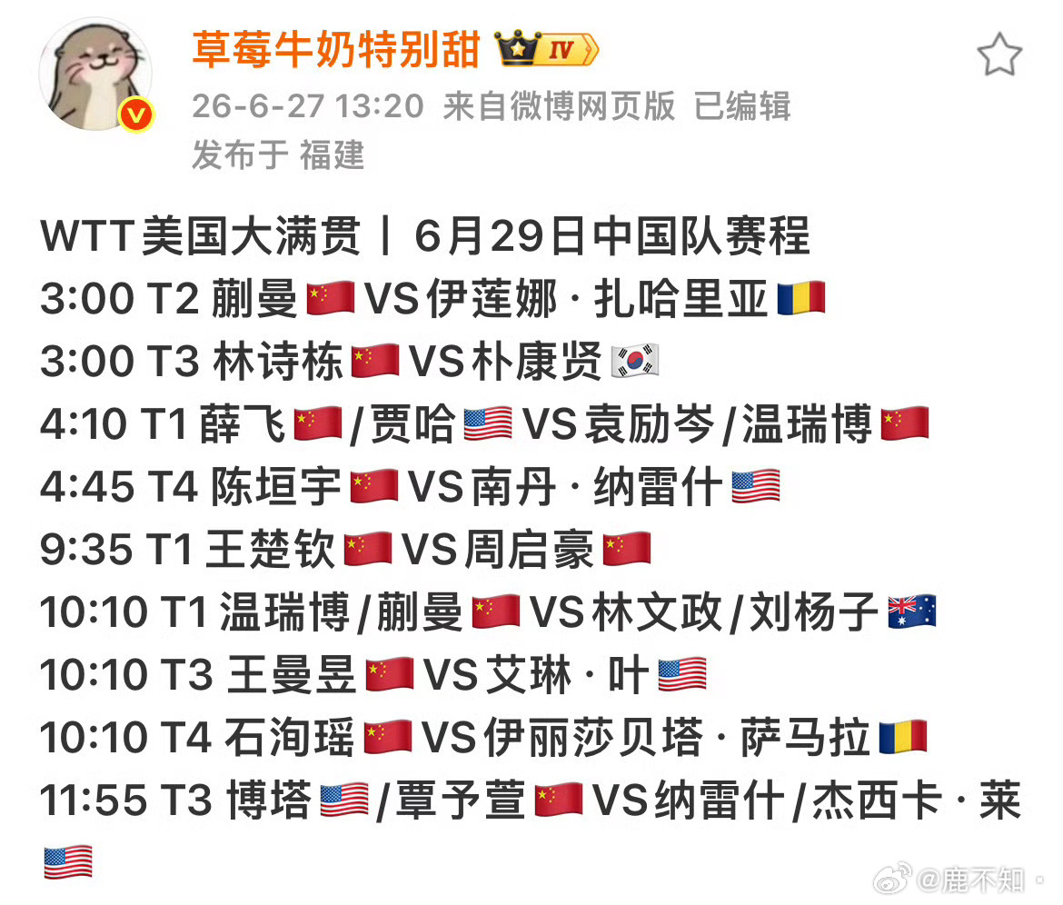 WTT美国大满贯可以其他主力安排一日一赛，但要给孙颖莎安排一日双赛。可以给其他人