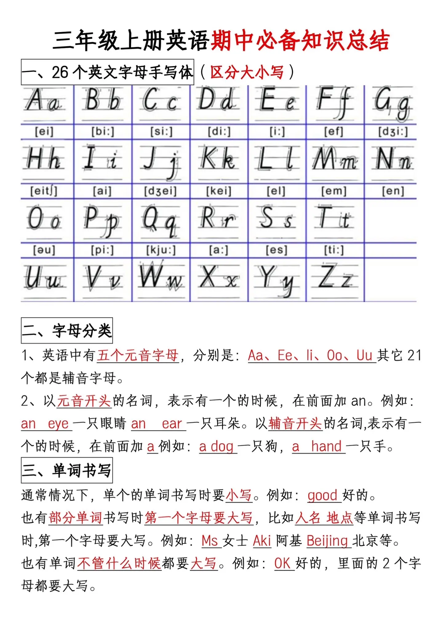 三年级上册英语期中必备知识点汇总🔥。知识点总结